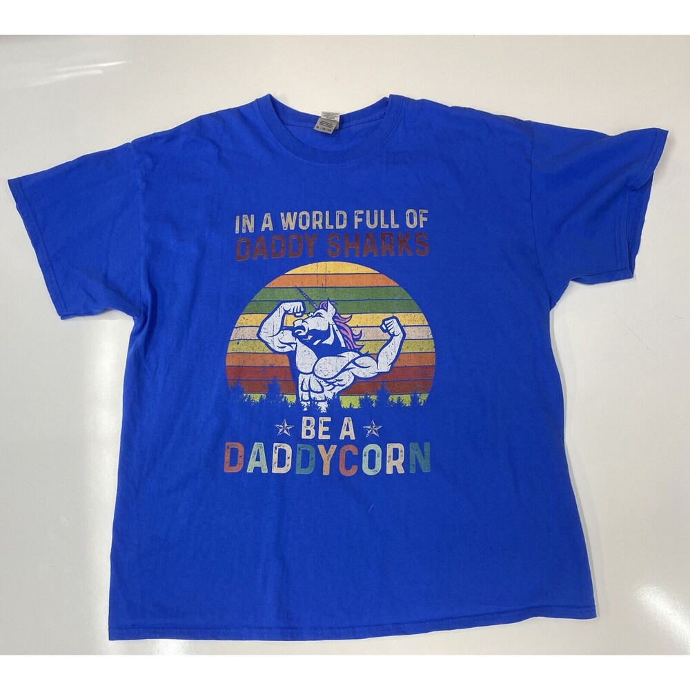 Be A DaddyCorn in a Daddy Shark World blue short sleeve graphic t shirt size XL